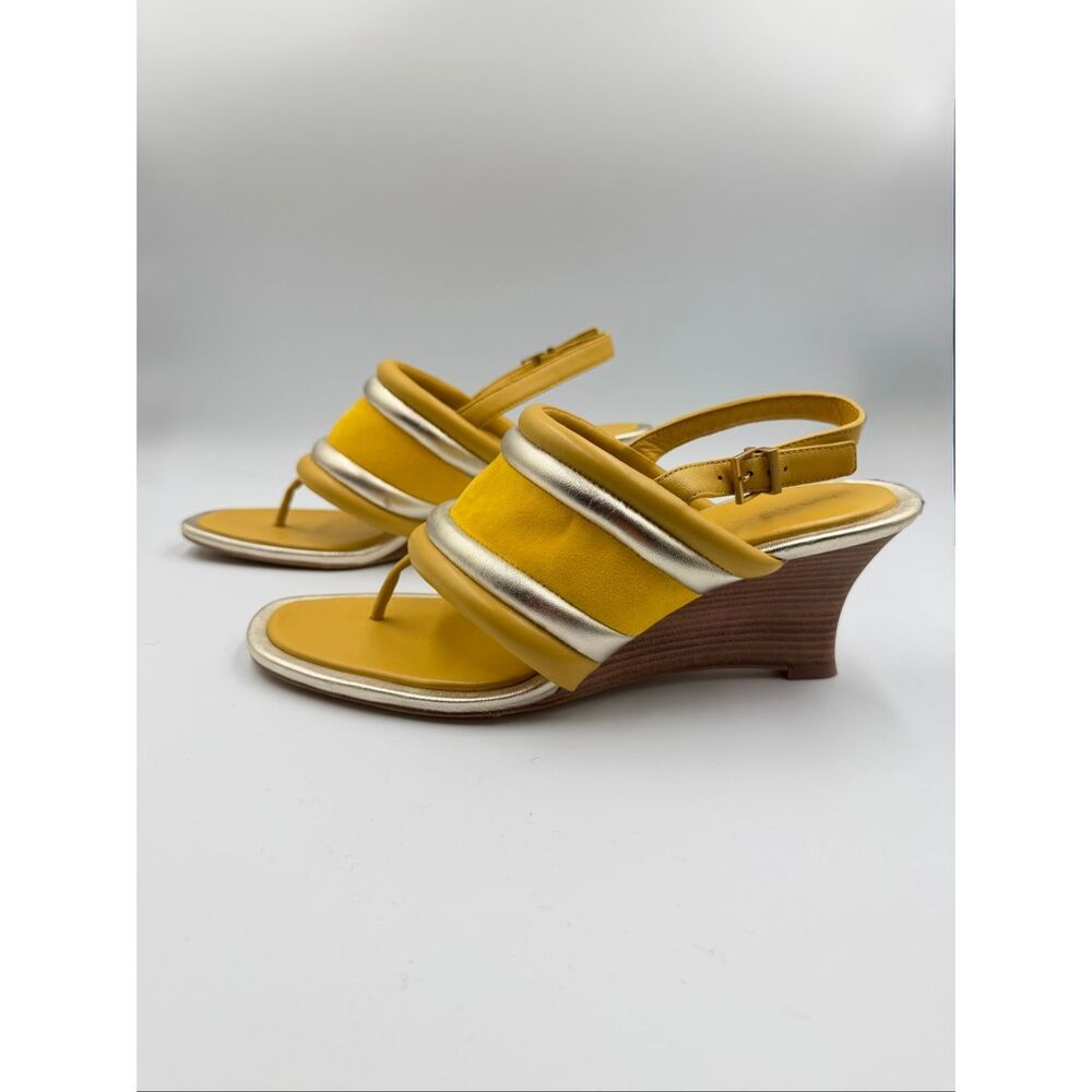 Tory Burch Yellow Metallic Puffy Leather Wedge Sandal Slingback Open Toe Size 9M - Picture 4 of 12